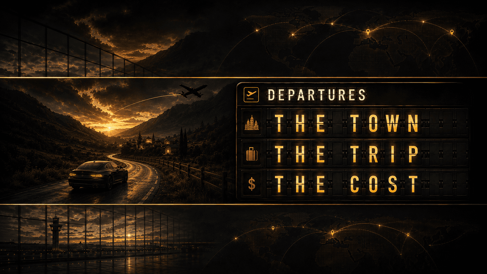 Nighttime mountain road and departures board