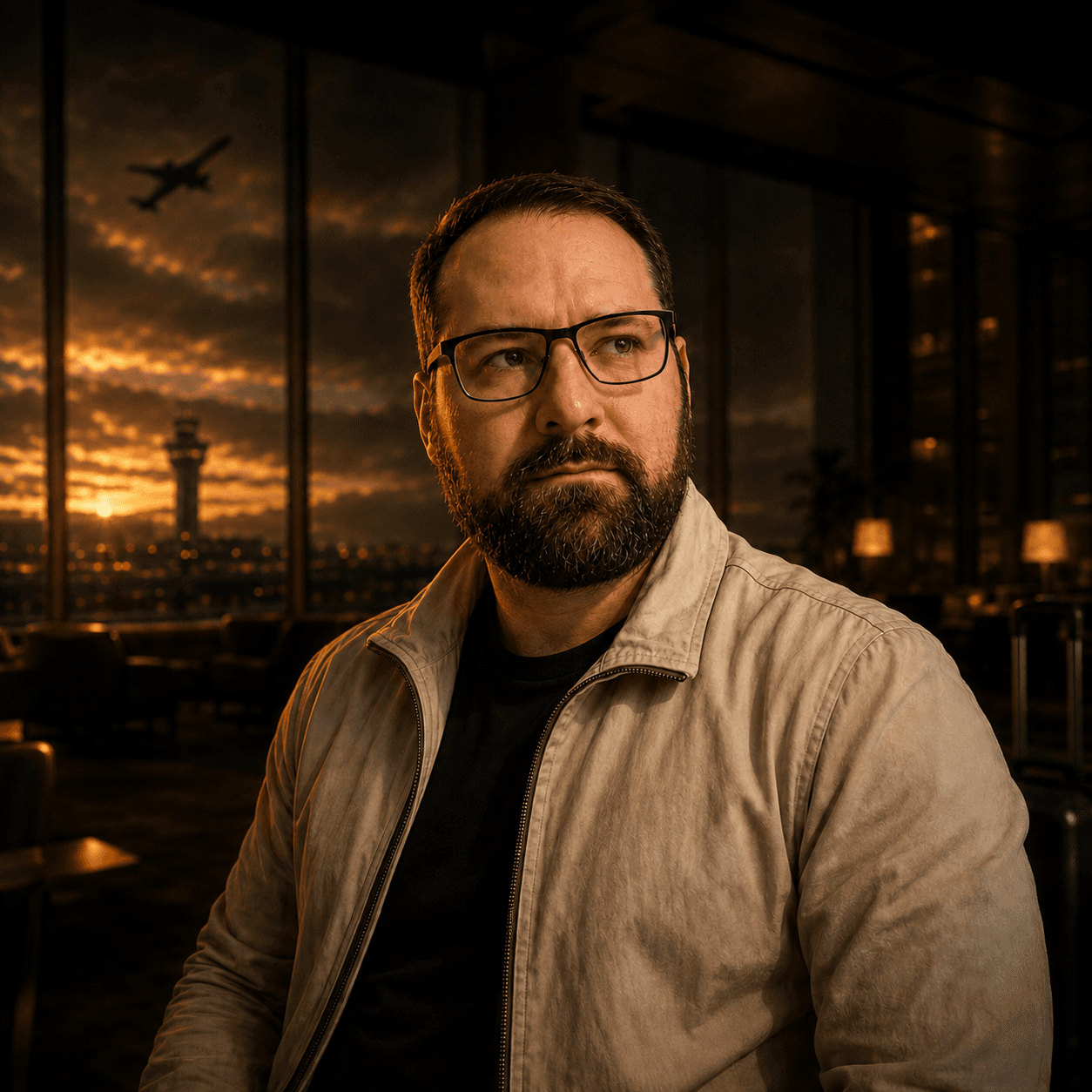 Mike in a warmly lit airport lounge